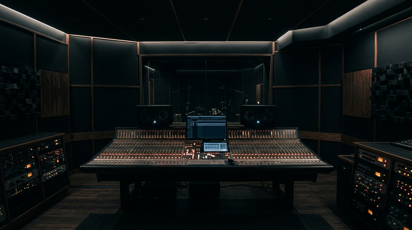 Dark recording studio with a mixing console lit by small LEDs